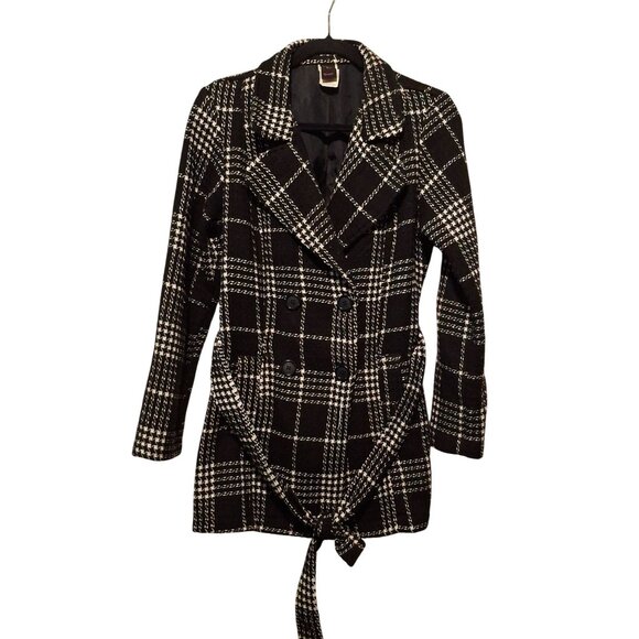Wrapper Womens Large Black & White Plaid Double Breasted Coat Y2K Outdoor Preppy - Picture 1 of 5